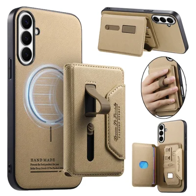 For Samsung Galaxy S26 Magnetic Case PU Leather + PC + TPU Anti-Scratch Back Cover with Detachable Card Holder - Khaki