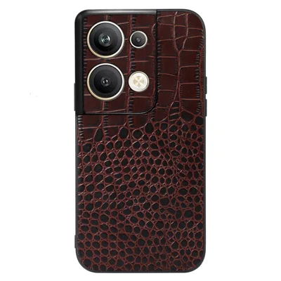 Crocodile Texture Phone Case For Oppo Reno9 Pro+ 5G, Genuine Cowhide Leather Coated PC+TPU Wear-resistant Back Cover - Coffee