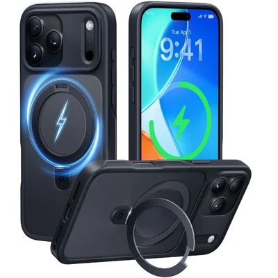 CASEKOO для iPhone 18 Pro / 17 Pro Чехол Магнитная Подставка Прозрачный Матовый Поликарбонат + ТПУ Чехол Совместимый с MagSafe - Черный