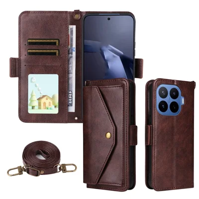For Xiaomi 17T Pro Leather Case Magnetic Closure Wallet Stand Phone Cover with Crossbody Strap - Brown