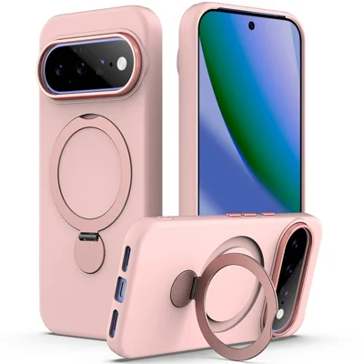 For Google Pixel 11 / 11 Pro / 10 / 10 Pro / 9 / 9 Pro Magnetic Case Rotating Ring Kickstand TPU + PC Back Cover - Pink