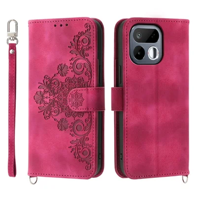 Étui portefeuille pour Realme 16T 5G, étui en cuir PU avec motif floral et dragonne - Rouge vin