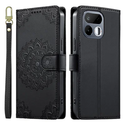 Coque pour Realme 16T 5G, Étui Portefeuille en Cuir Texturé Totem avec Rabat et Sangle de Poignet - Noir