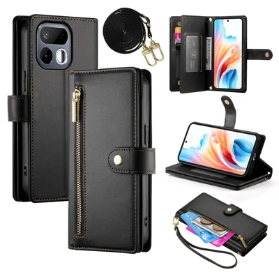 Étui en cuir pour Realme 16T 5G avec poche zippée, portefeuille et sangle - Noir