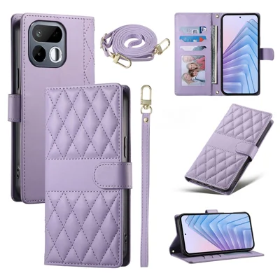 Étui portefeuille pour Realme 16T 5G, étui en cuir avec motif de couture en losange, support intégré, avec dragonne longue/courte - Violet