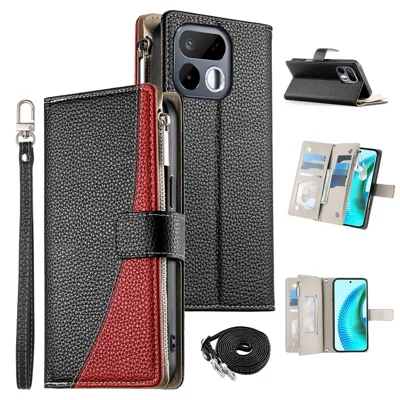 Pour Realme 16T 5G Étui en Cuir Fermeture à Glissière Portefeuille Couverture à Rabat avec Sangles - Noir