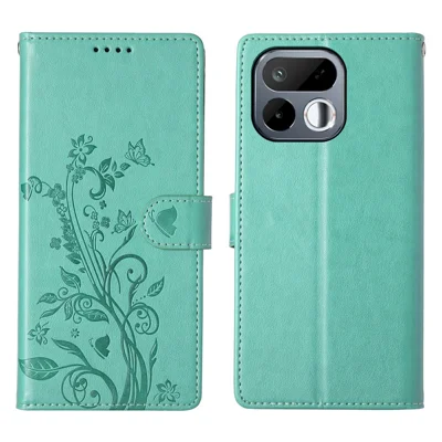 Étui portefeuille pour Realme 16T 5G avec motif imprimé de fleurs et papillons, housse en cuir PU avec dragonne - Vert