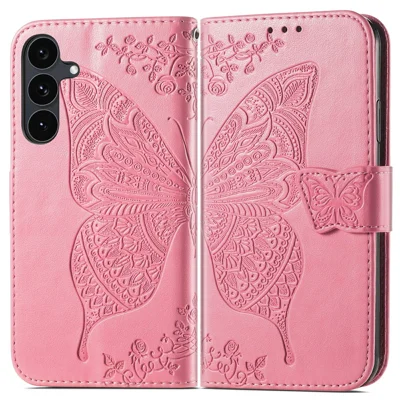 For Samsung Galaxy S26 FE Case with Strap Butterfly Pattern PU Leather Wallet Phone Cover - Pink