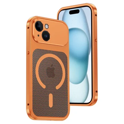 For iPhone 15 Magnetic Case Heat Dissipation Snap-On Metal + PC Phone Cover - Titanium Orange