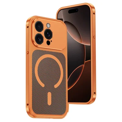 Voor iPhone 15 Pro Max Magnetische Behuizing met Warmteafvoer, Uitneembare Metalen + PC Telefoonhoes - Titanium Oranje