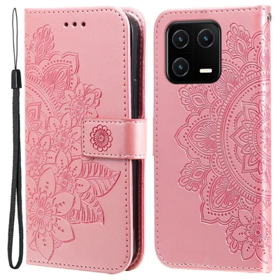 Coperchio Del Portafoglio Telefonico Per Xiaomi 13 Pro 5G, Custodia Per Telefoni a Prova di Goccia in Pelle PU di Impronta Floreale Con Cinturino - Rosa