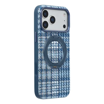 Til iPhone 18 Pro / 17 Pro Case med roterende magnetisk stander i houndstooth-stof + PC + TPU telefonbeskyttelse - Blå