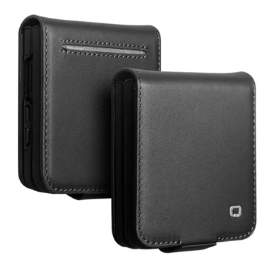 QIALINO Hülle für Samsung Galaxy Z Flip8 mit Kartenhalter, echtes Rindsleder, Klappcover für Handy - Schwarz