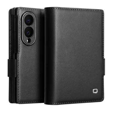 QIALINO Hülle für Samsung Galaxy Z Fold8 Flip Stand aus echtem Rindsleder - Schwarz