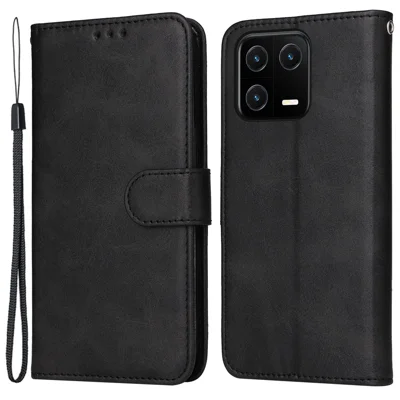 Für Xiaomi 13 Anti-kratzer Klassisches Kalb Textur Phone Stand Hülle PU Leder Brieftasche Drop-sof-deckung Mit Handgelenkriemen - Schwarz
