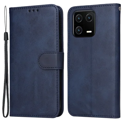 Für Xiaomi 13 Anti-kratzer Klassisches Kalb Textur Phone Stand Hülle PU Leder Brieftasche Drop-sof-deckung Mit Handgelenkriemen - Blau