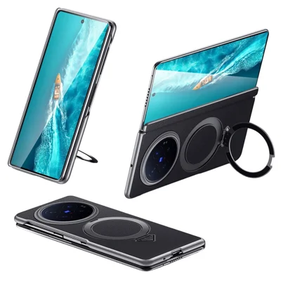 For vivo X Fold6 5G Magnetic Case Genuine Cow Leather + PC Kickstand Phone Cover - Black