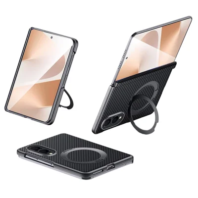 SULADA لجهاز Samsung Galaxy Z Fold8 غطاء مغناطيسي بمسند PU + غطاء هاتف من مادة PC بنسيج ألياف الكربون - أسود
