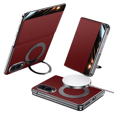 SULADA للهاتف Samsung Galaxy Z Fold8 غطاء جوال من جلد البقر الأصلي مع حامل مغناطيسي وفتحة لوضع البطاقات - أحمر