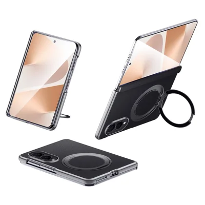 For Samsung Galaxy Z Fold8 Magnetic Case Genuine Cow Leather + PC Kickstand Phone Cover - Black