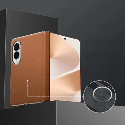 SULADA لجهاز Samsung Galaxy Z Fold8 غطاء خلفي من جلد البقر الطبيعي بدون إطار - بني