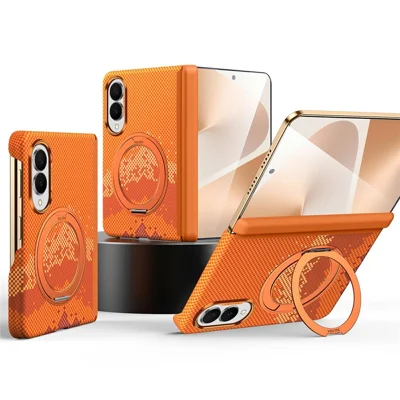 SULADA لجهاز Samsung Galaxy Z Fold8 غطاء مغناطيسي بحامل حلقي دوار 360° بتصميم جبلي ذهبي غطاء هاتف رفيع من البولي كربونات - برتقالي