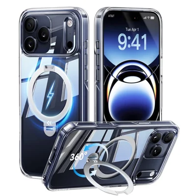 CASEKOO для iPhone 18 Pro Max / 17 Pro Max магнитный чехол с поворотной подставкой прозрачный PC + TPU ударопрочный задняя крышка — прозрачный