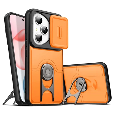  Funda para Honor 400 Pro 5G (Global) con tapa deslizante para cámara, soporte giratorio 360°, carcasa protectora de PC + TPU - Naranja