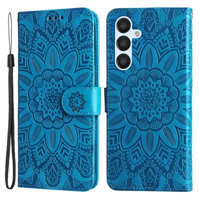 For Samsung Galaxy A54 5G Imprinted Sunflower Anti-scratch PU Leather Phone Case Stand Wallet Cover with Wrist Strap - Blue