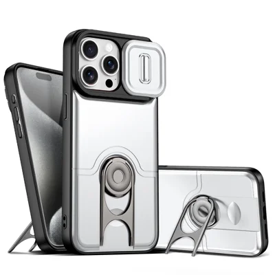  Voor iPhone 13 Pro Max hoesje met schuifbare cameraafdekking en standaard PC + TPU beschermhoes - Zilver