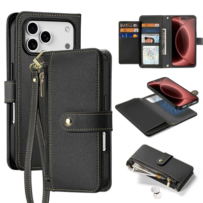 DUX DUCIS til iPhone 18 Pro Case Lawa-serie, aftagelig magnetisk kudeflip med lynlåsewallet i nubuklæder - Sort
