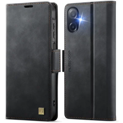 AUTSPACE til Samsung Galaxy A07 4G / Galaxy A06 4G / Galaxy A06 5G / Galaxy A08 5G / Galaxy A08 4G A11 Case med RFID-blokkering, retro lækker telefonbog fra læder - Sort