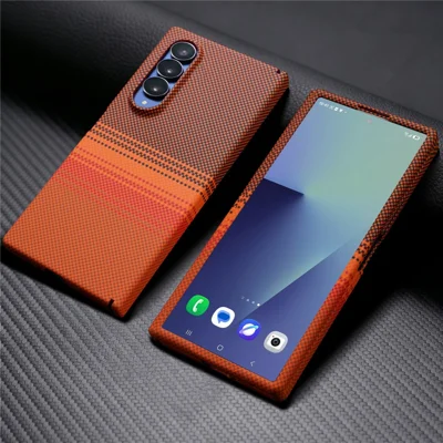 Magnetische Hülle für Samsung Galaxy Z Fold4 5G mit Displayschutzfolie, Wassertransfer-Design, Hart-PC, Scharnier-Schutz, Handytasche – Orange