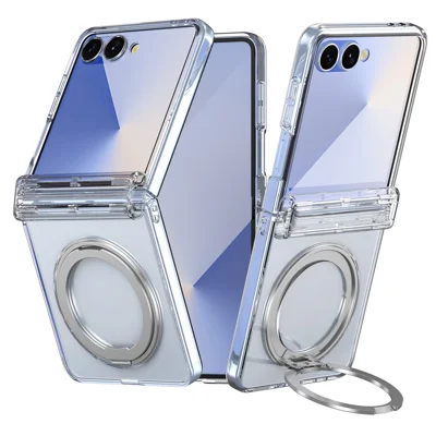 Capa Magnética para Samsung Galaxy Z Flip8 com Suporte Giratório 360°, Tampa de Hinge Galvanizada em PC, com Filme de Vidro Temperado - Transparente