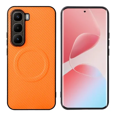 For Infinix Hot 60 Pro+ 4G Case Carbon Fiber Texture Leather Coated TPU PC Phone Cover with Metal Ring for Magnetic Car Mount - Orange