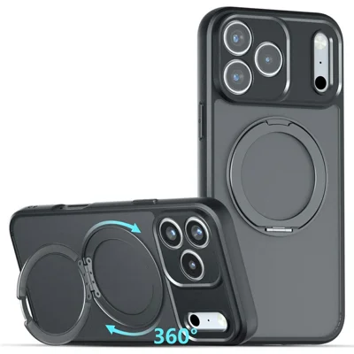 Für iPhone 18 Pro Matt, Hautfreundliches, Magnetisches Case mit 360° Drehständer, Stoßfestes TPU + PC-Handyhülle – Transparent Schwarz