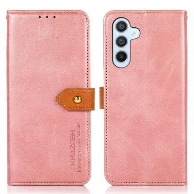 KHAZNEH Pour Samsung Galaxy A34 5G Cowhide Texture PU Leather Gold Buckle Phone Case Stand Wallet Drop Protection Cover - Rose Gold