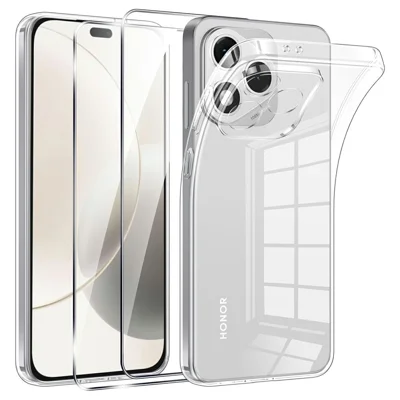 For Honor 400 Lite 5G Case TPU Clear Phone Cover + 2PCS Tempered Glass Screen Film 2.5D Arc Edge