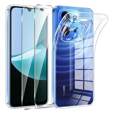 Capa para Xiaomi Poco C85 5G, Capa Transparente TPU + 2 Unidades de Película de Vidro Temperado com Borda Arqueada 2,5D