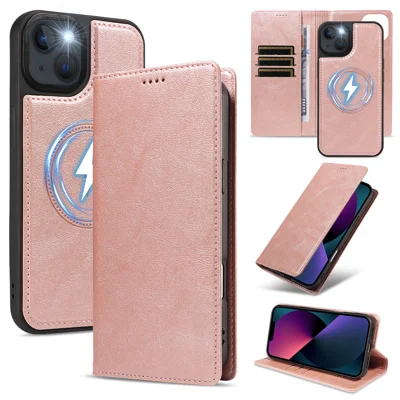  For iPhone 14 / iPhone 13 Magnetic Case Detachable 2 in 1 Leather Wallet Phone Cover - Rose Gold