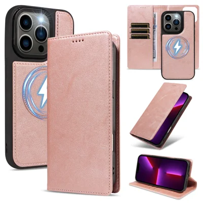  For iPhone 13 Pro Magnetic Case Detachable 2 in 1 Leather Wallet Phone Cover - Rose Gold