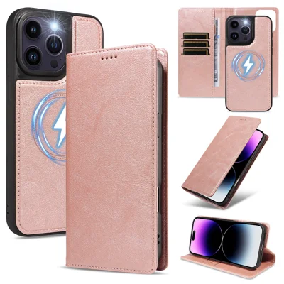 For iPhone 14 Pro Max Magnetic Case Detachable 2 in 1 Leather Wallet Phone Cover - Rose Gold