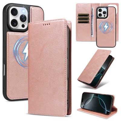  For iPhone 16 Pro Max Magnetic Case Detachable 2 in 1 Leather Wallet Phone Cover - Rose Gold