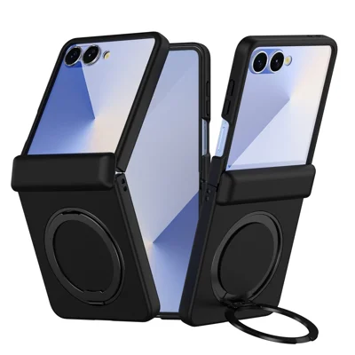 Capa para Samsung Galaxy Z Flip8 com Suporte de Chave Magnético, Dobradiça de Mola, Capa de Policarbonato para Telemóvel Dobrável - Preto