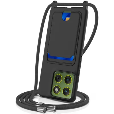 Für Motorola Edge 70 Pro+ 5G / Motorola Edge 70 Pro 5G Hülle Flüssigsilikon Kartenhalter Rückseiten-Schutzhülle mit Handschlaufe - Schwarz