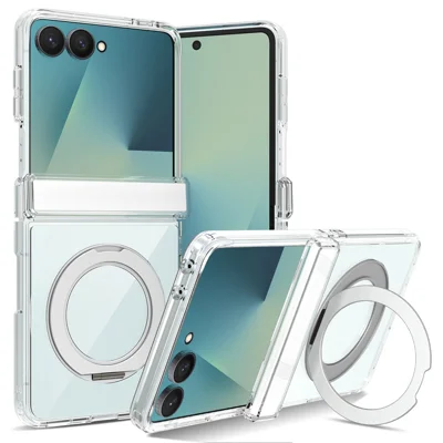 Cover per Samsung Galaxy Z Flip8 con Supporto Magnetico Rotante, Cover Trasparente in TPU + Acrilico - Trasparente