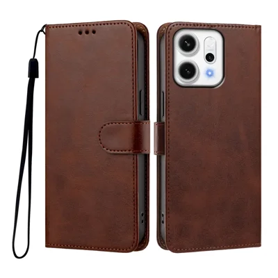 Capa Carteira para Oppo Reno14 5G (Global) / Oppo Reno14 F 5G / Oppo Reno14 5G (China) com Suporte e Alça de Pulso em Couro PU - Marrom