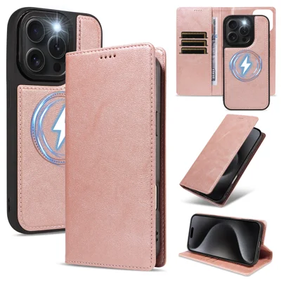  For iPhone 15 Pro Magnetic Case Detachable 2 in 1 Leather Wallet Phone Cover - Rose Gold