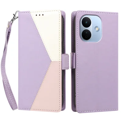  For Xiaomi Redmi Note 17 Pro 5G Case Color Stitching RFID Blocking Wallet Flip Leather Phone Cover with Wrist Strap - Light Purple