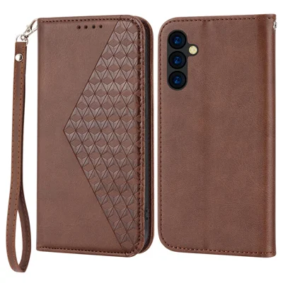 For Samsung Galaxy A54 5G Imprinted Rhombus Pattern Calf Texture Phone Cover Shell PU Leather Wallet Stand Magnetic Closure Case - Brown